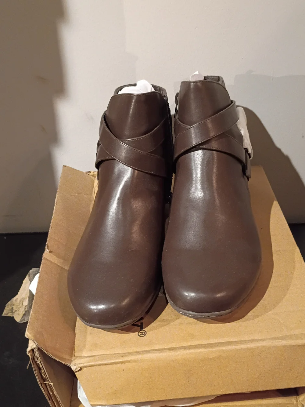 comfortview Brown Faux-Leather Ankle Booties with Wrap Straps